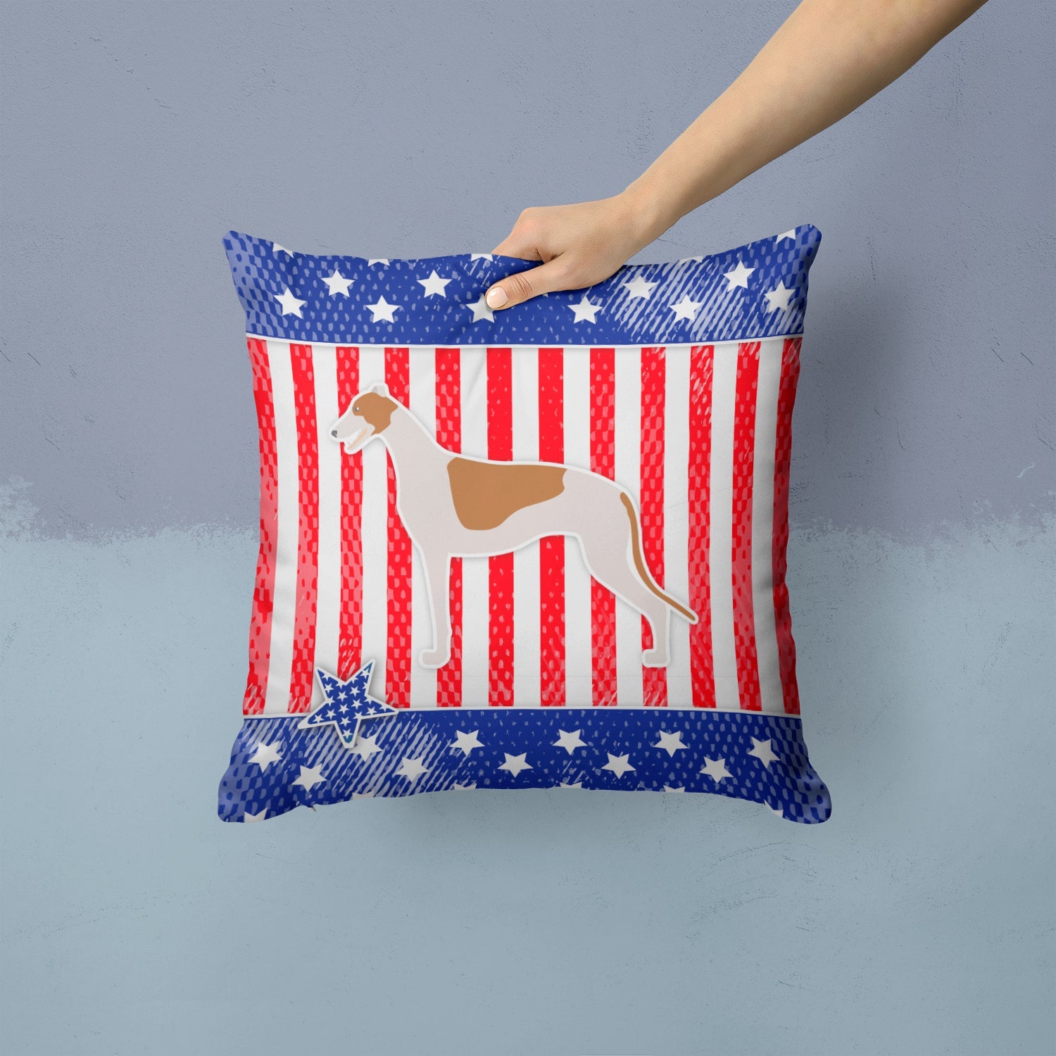 USA Patriotic Greyhound Decorative Throw Pillow 14x14 Indoor Outdoor Accent Cushion, Fabric Cover with Insert for Sofa, Bed, Porch & Living Room