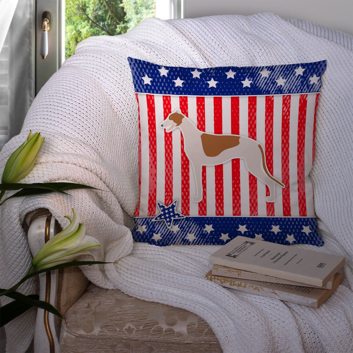 USA Patriotic Greyhound Decorative Throw Pillow 14x14 Indoor Outdoor Accent Cushion, Fabric Cover with Insert for Sofa, Bed, Porch & Living Room