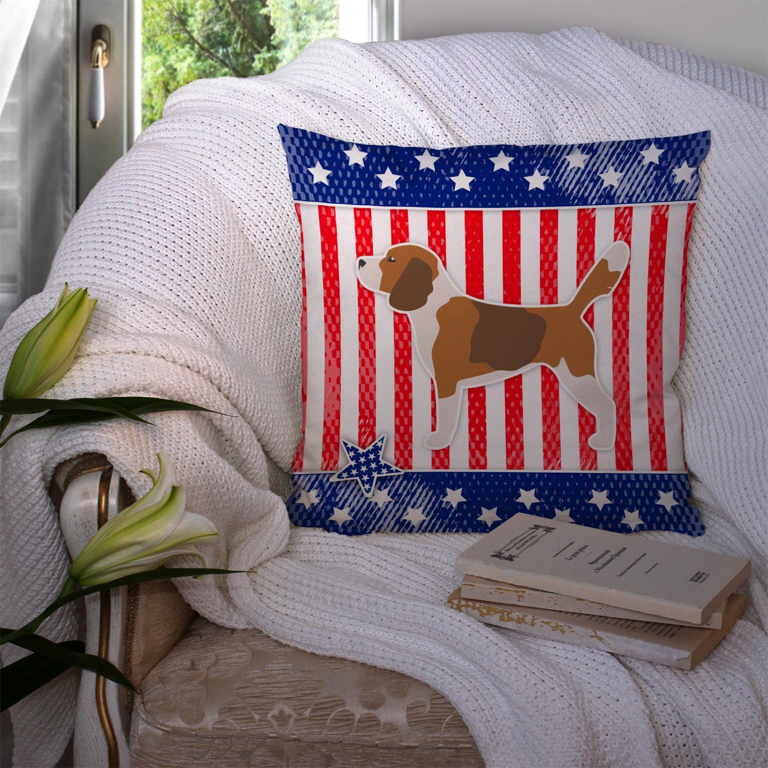 USA Patriotic Beagle Decorative Throw Pillow 14x14 Indoor Outdoor Accent Cushion, Fabric Cover with Insert for Sofa, Bed, Porch & Living Room