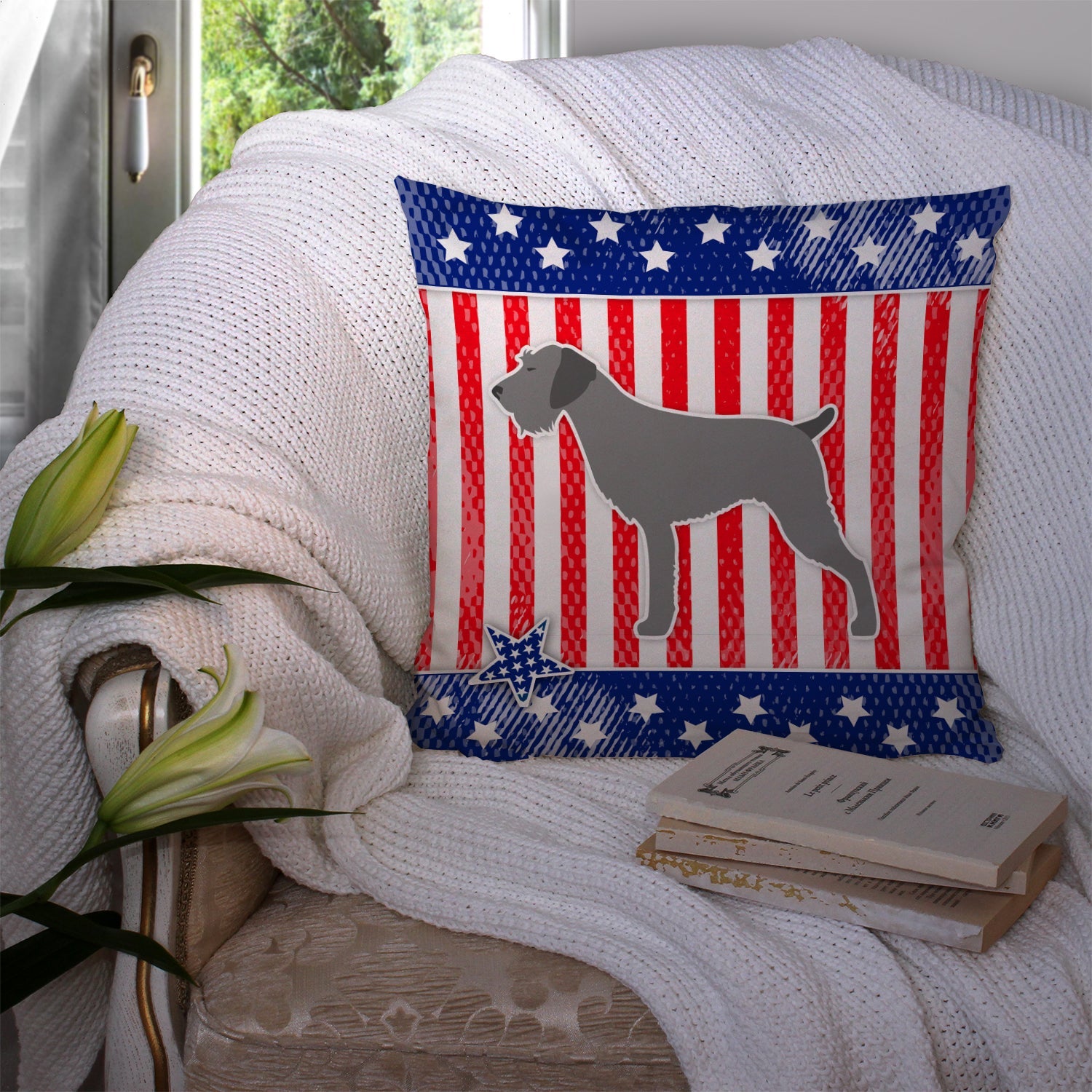 USA Patriotic German Wirehaired Pointer Decorative Throw Pillow 14x14 Indoor Outdoor Accent Cushion, Fabric Cover with Insert for Sofa, Bed, Porch & Living Room