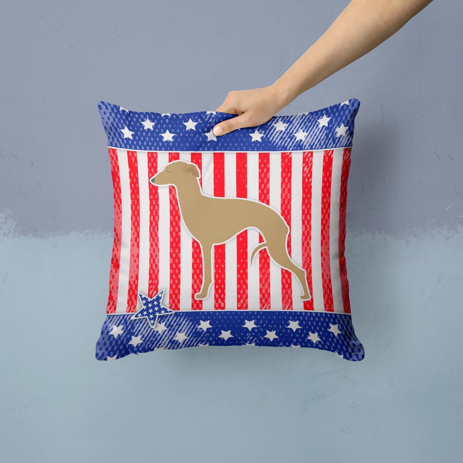 USA Patriotic Italian Greyhound Decorative Throw Pillow 14x14 Indoor Outdoor Accent Cushion, Fabric Cover with Insert for Sofa, Bed, Porch & Living Room