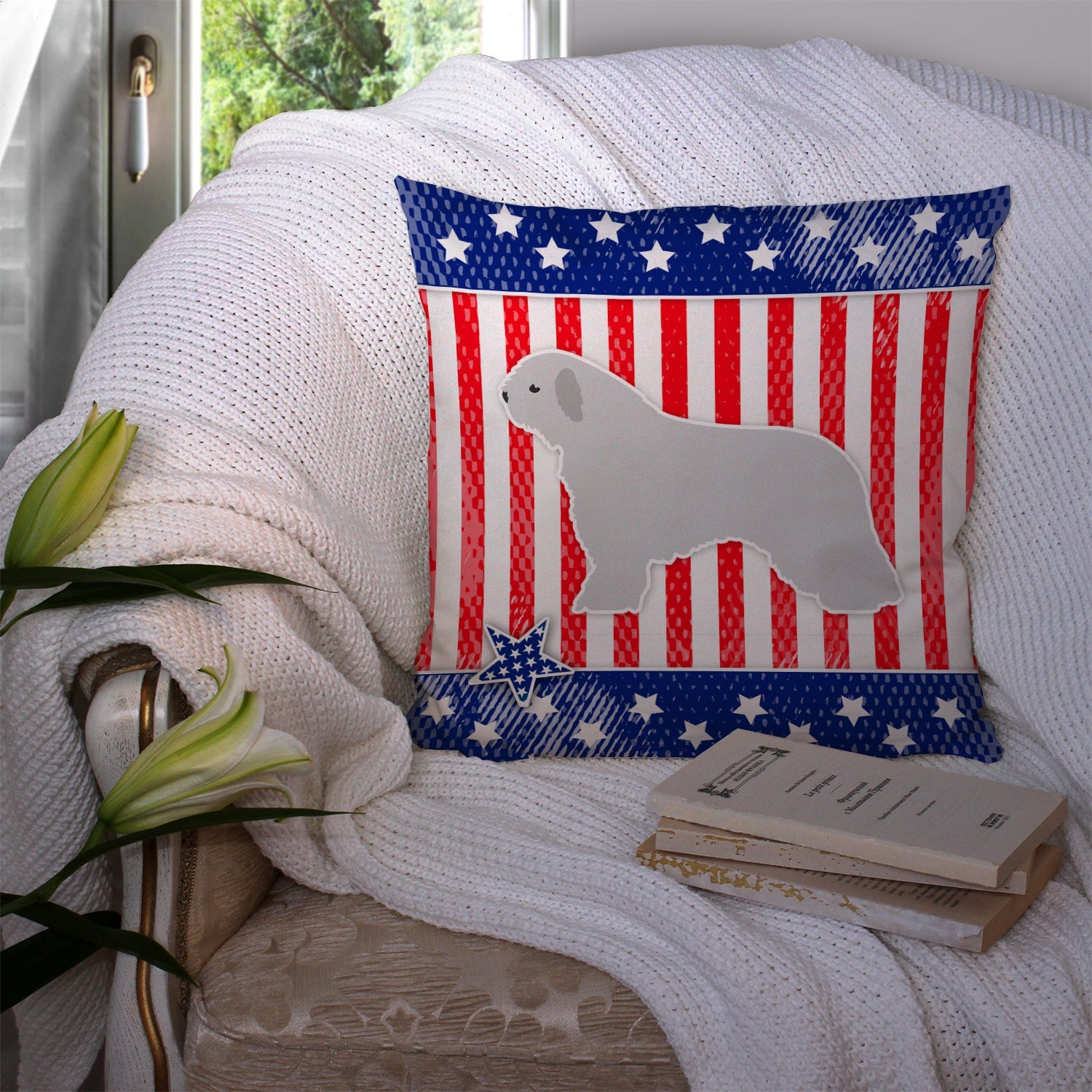 USA Patriotic Spanish Water Dog Decorative Throw Pillow 14x14 Indoor Outdoor Accent Cushion, Fabric Cover with Insert for Sofa, Bed, Porch & Living Room