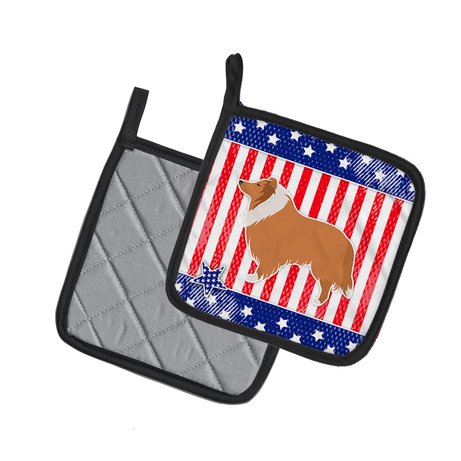 USA Patriotic Collie Pot Holder Set of 2 Heat Resistant Quilted Hot Pads 7.5 x 7.5 Inch, Insulated Kitchen Trivets for Cooking & Baking
