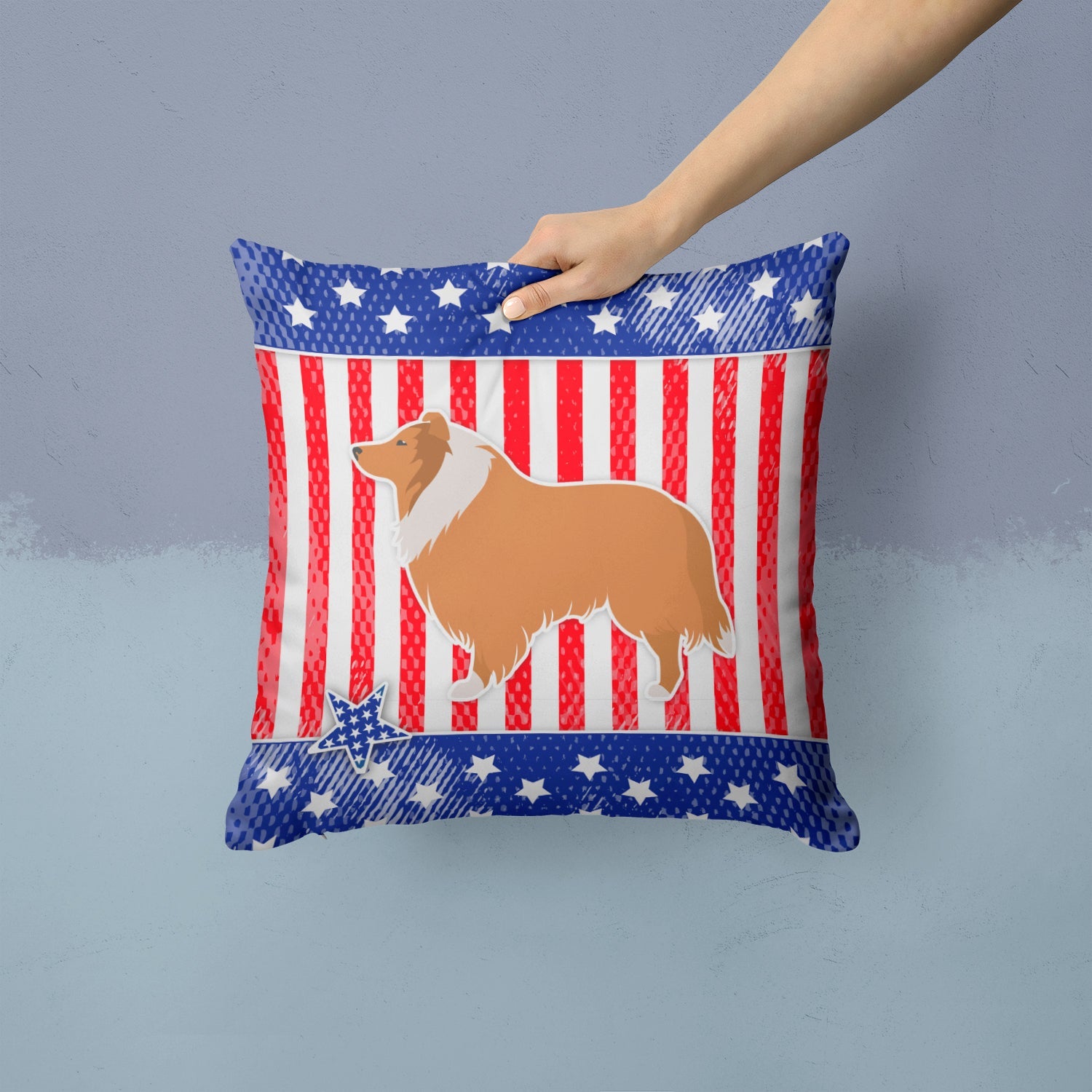 USA Patriotic Collie Decorative Throw Pillow 14x14 Indoor Outdoor Accent Cushion, Fabric Cover with Insert for Sofa, Bed, Porch & Living Room