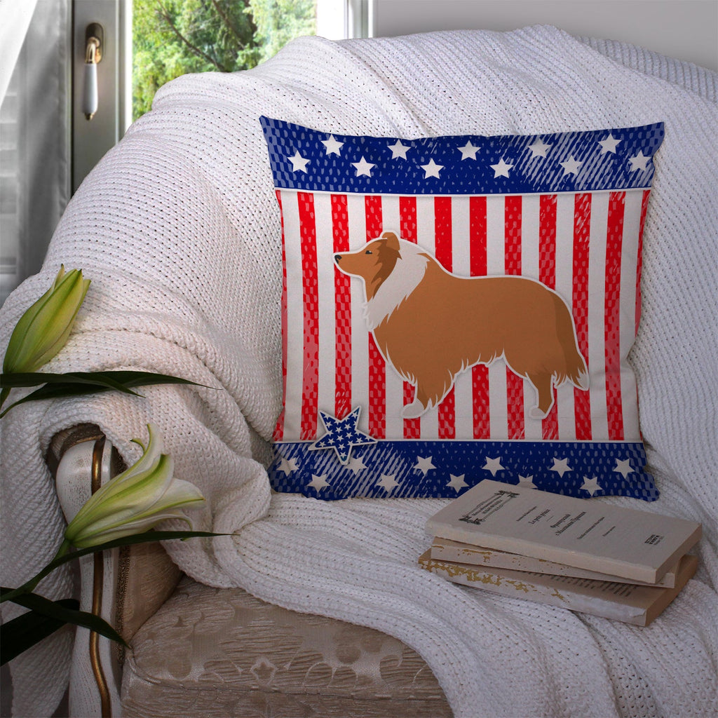 USA Patriotic Collie Decorative Throw Pillow 14x14 Indoor Outdoor Accent Cushion, Fabric Cover with Insert for Sofa, Bed, Porch & Living Room