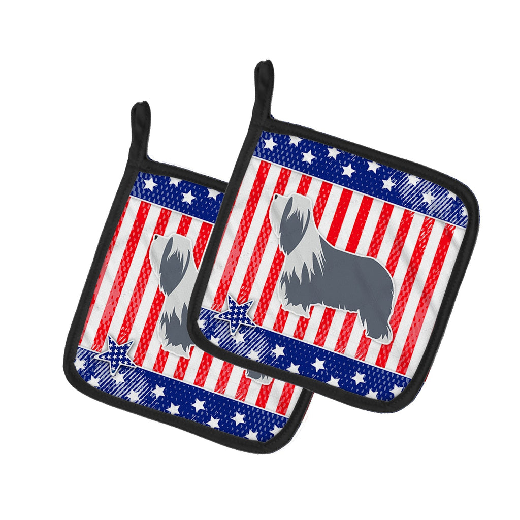 USA Patriotic Bearded Collie Pot Holder Set of 2 Heat Resistant Quilted Hot Pads 7.5 x 7.5 Inch, Insulated Kitchen Trivets for Cooking & Baking