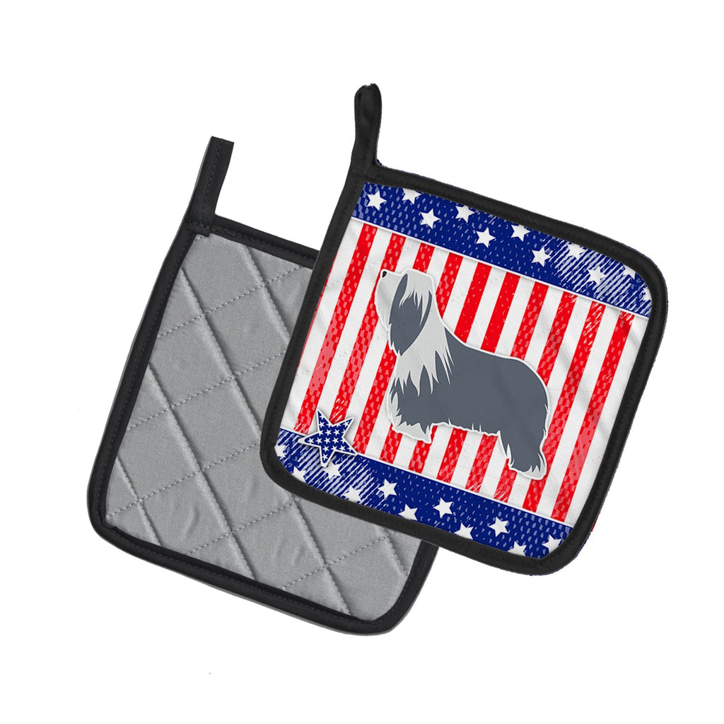 USA Patriotic Bearded Collie Pot Holder Set of 2 Heat Resistant Quilted Hot Pads 7.5 x 7.5 Inch, Insulated Kitchen Trivets for Cooking & Baking