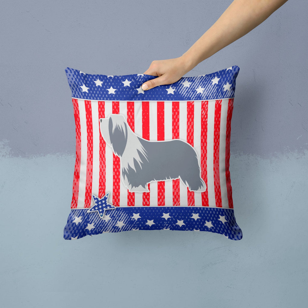 USA Patriotic Bearded Collie Decorative Throw Pillow 14x14 Indoor Outdoor Accent Cushion, Fabric Cover with Insert for Sofa, Bed, Porch & Living Room