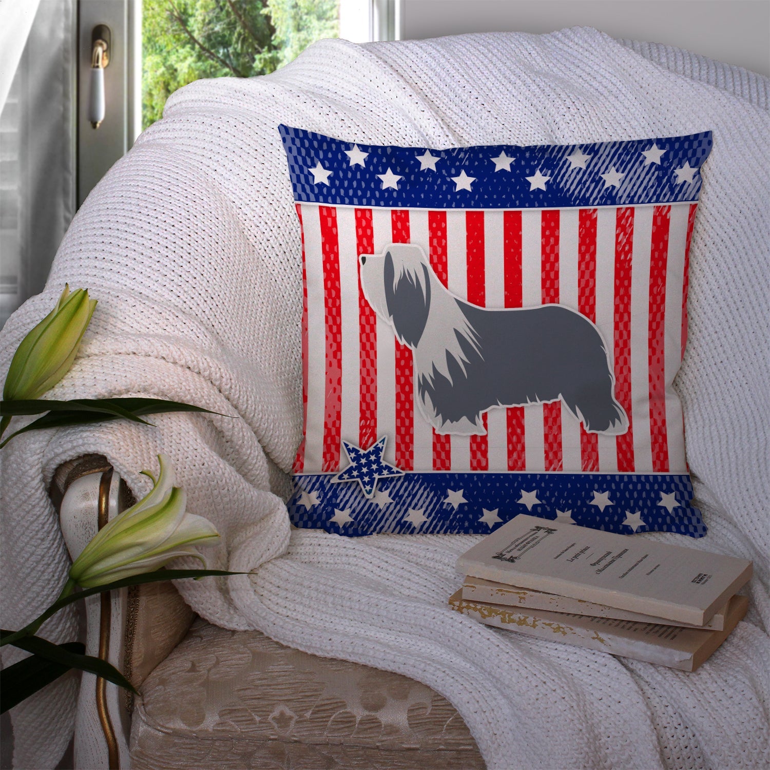 USA Patriotic Bearded Collie Decorative Throw Pillow 14x14 Indoor Outdoor Accent Cushion, Fabric Cover with Insert for Sofa, Bed, Porch & Living Room