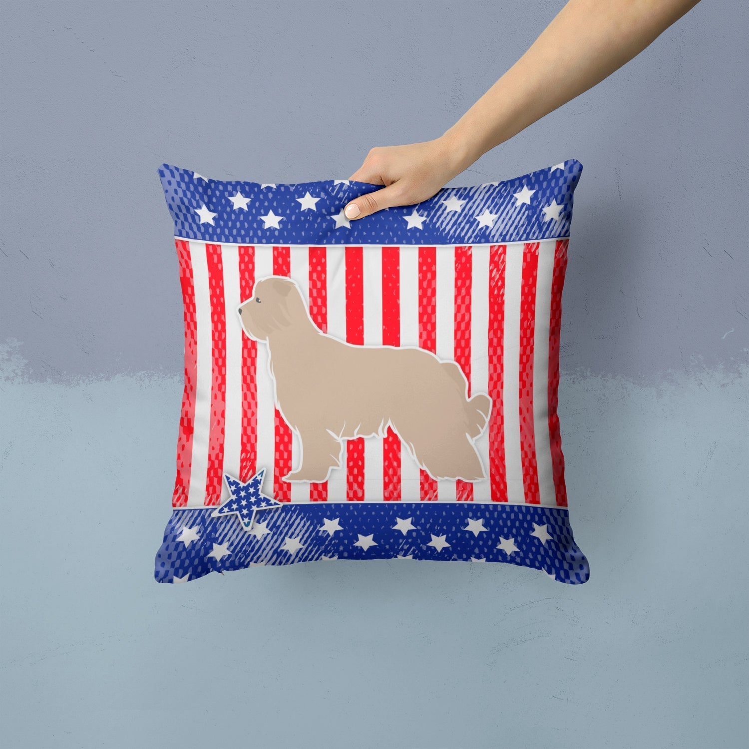 USA Patriotic Pyrenean Shepherd Decorative Throw Pillow 14x14 Indoor Outdoor Accent Cushion, Fabric Cover with Insert for Sofa, Bed, Porch & Living Room