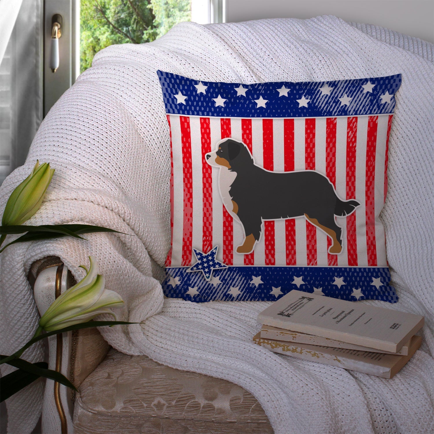USA Patriotic Bernese Mountain Dog Decorative Throw Pillow 14x14 Indoor Outdoor Accent Cushion, Fabric Cover with Insert for Sofa, Bed, Porch & Living Room
