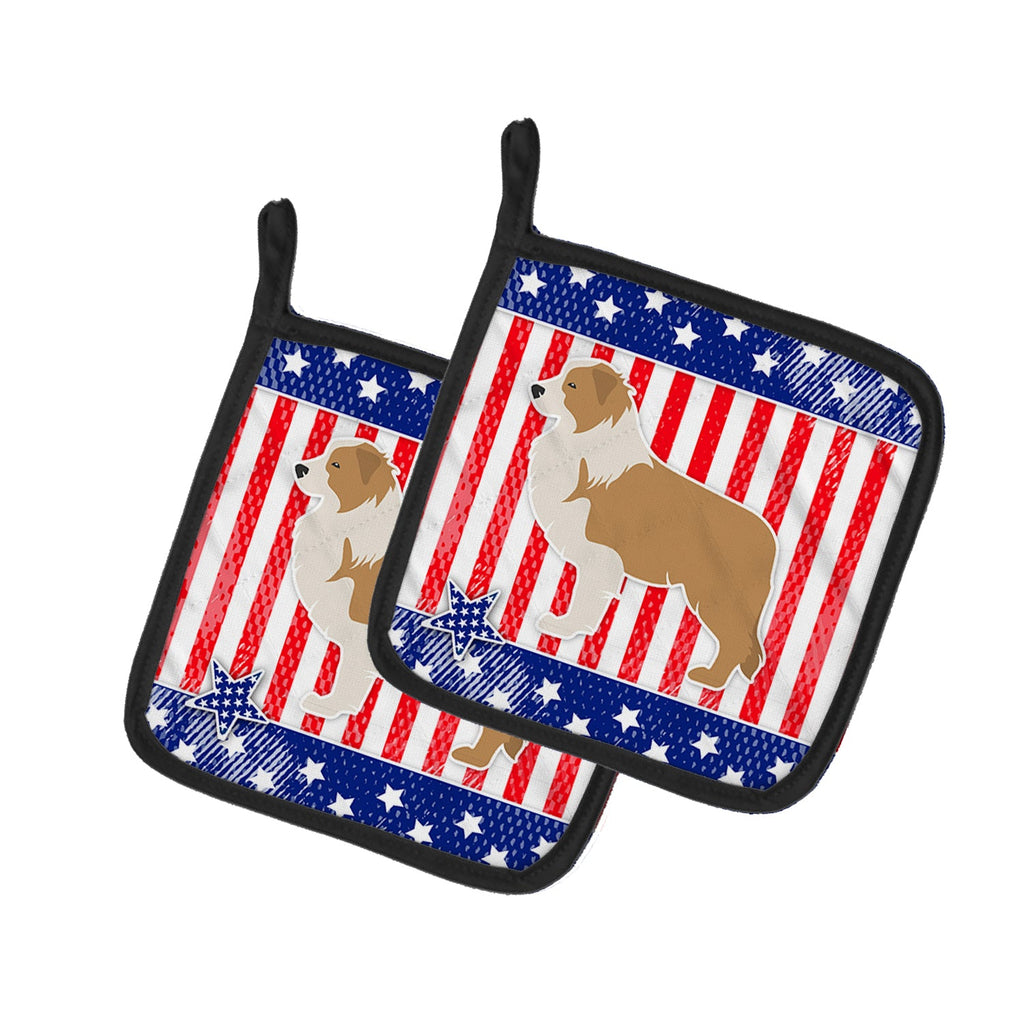 USA Patriotic Red Border Collie Pot Holder Set of 2 Heat Resistant Quilted Hot Pads 7.5 x 7.5 Inch, Insulated Kitchen Trivets for Cooking & Baking