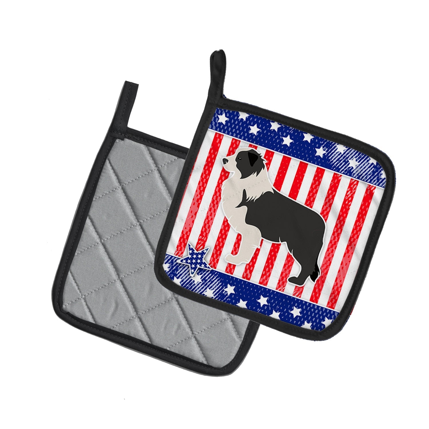 USA Patriotic Black Border Collie Pot Holder Set of 2 Heat Resistant Quilted Hot Pads 7.5 x 7.5 Inch, Insulated Kitchen Trivets for Cooking & Baking