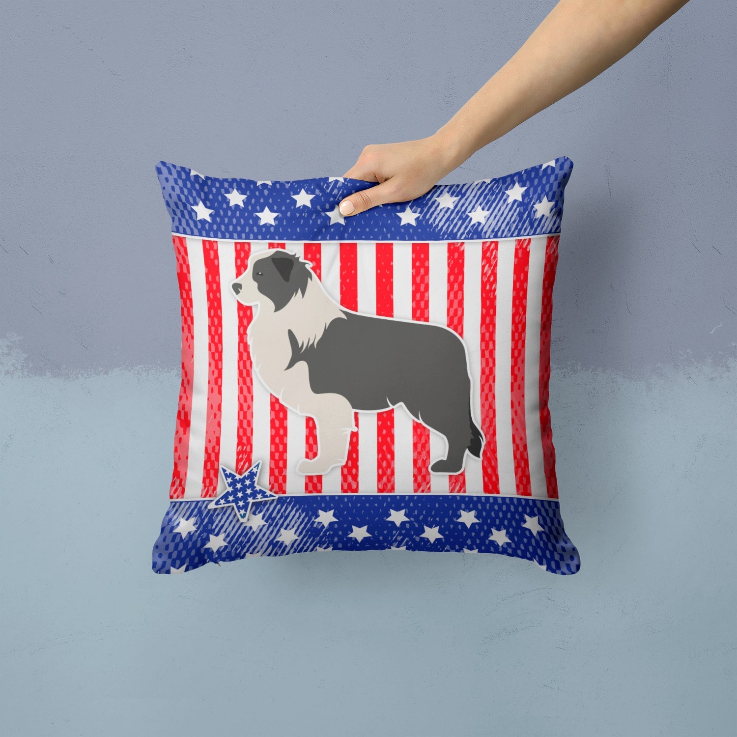 USA Patriotic Black Border Collie Decorative Throw Pillow 14x14 Indoor Outdoor Accent Cushion, Fabric Cover with Insert for Sofa, Bed, Porch & Living Room
