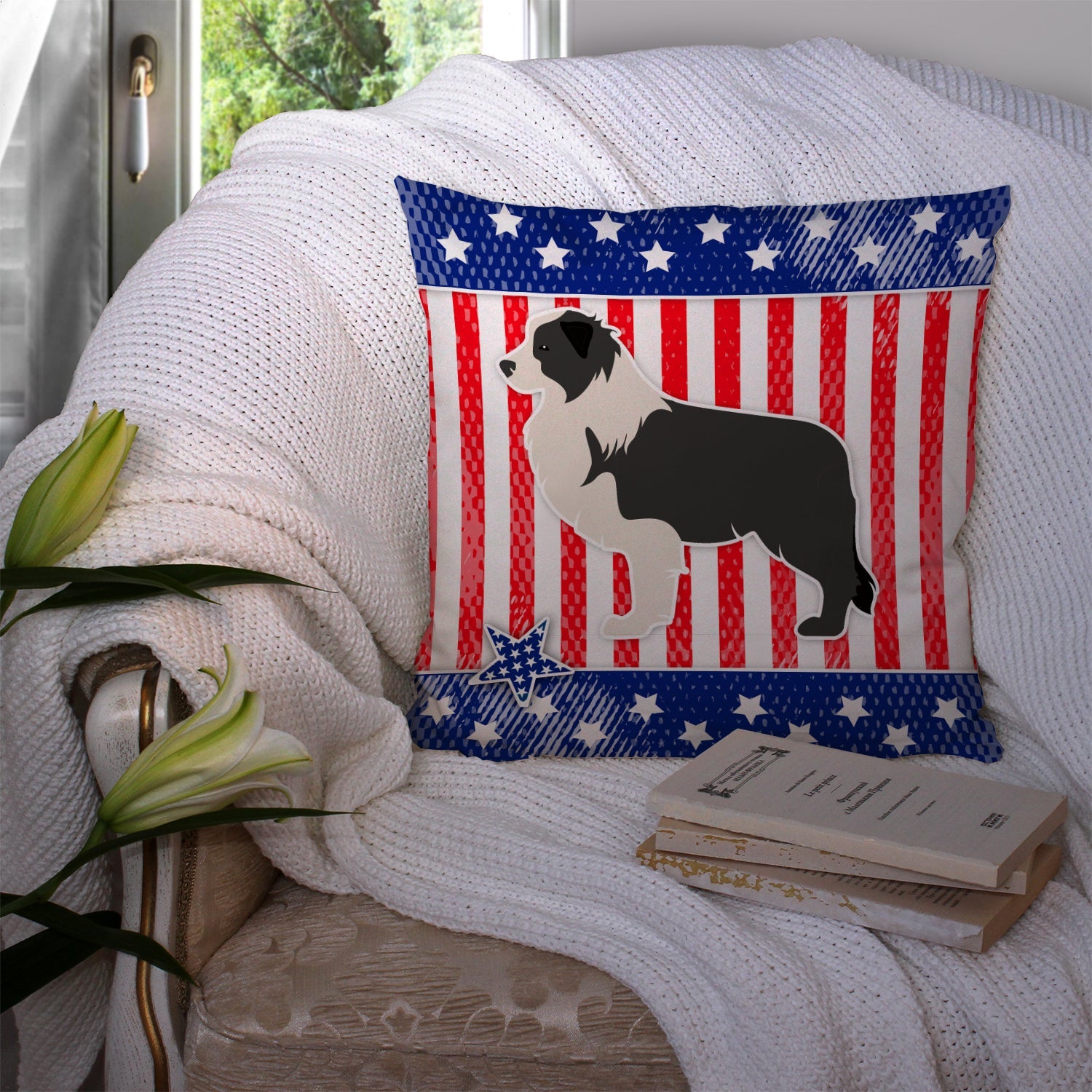 USA Patriotic Black Border Collie Decorative Throw Pillow 14x14 Indoor Outdoor Accent Cushion, Fabric Cover with Insert for Sofa, Bed, Porch & Living Room