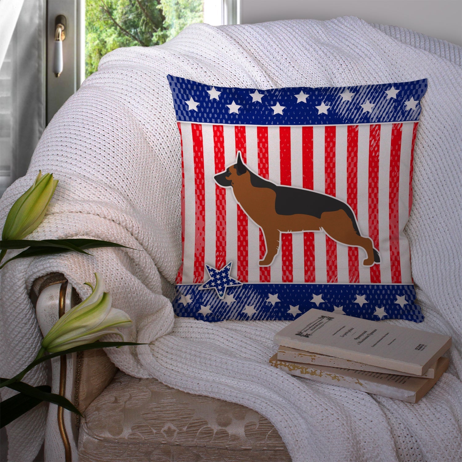 USA Patriotic German Shepherd Decorative Throw Pillow 14x14 Indoor Outdoor Accent Cushion, Fabric Cover with Insert for Sofa, Bed, Porch & Living Room