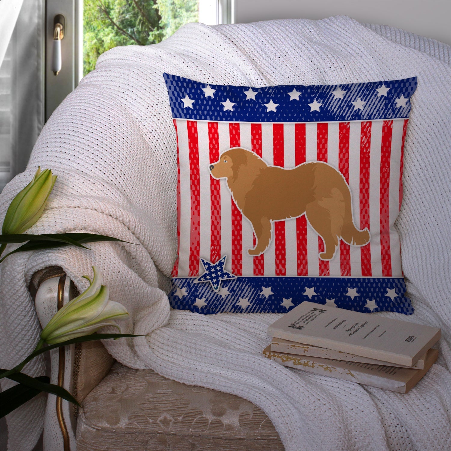 USA Patriotic Caucasian Shepherd Dog Decorative Throw Pillow 14x14 Indoor Outdoor Accent Cushion, Fabric Cover with Insert for Sofa, Bed, Porch & Living Room