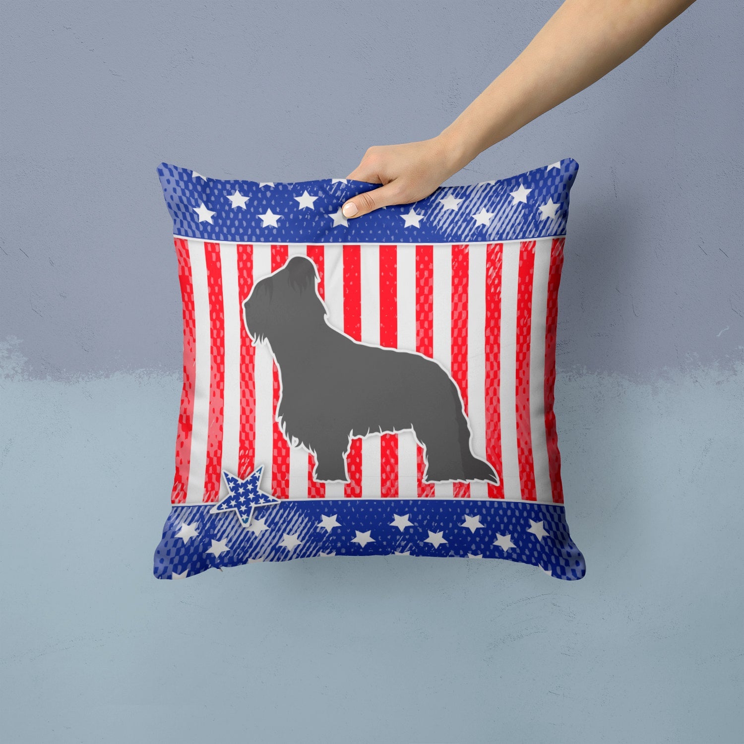 USA Patriotic Briard Decorative Throw Pillow 14x14 Indoor Outdoor Accent Cushion, Fabric Cover with Insert for Sofa, Bed, Porch & Living Room