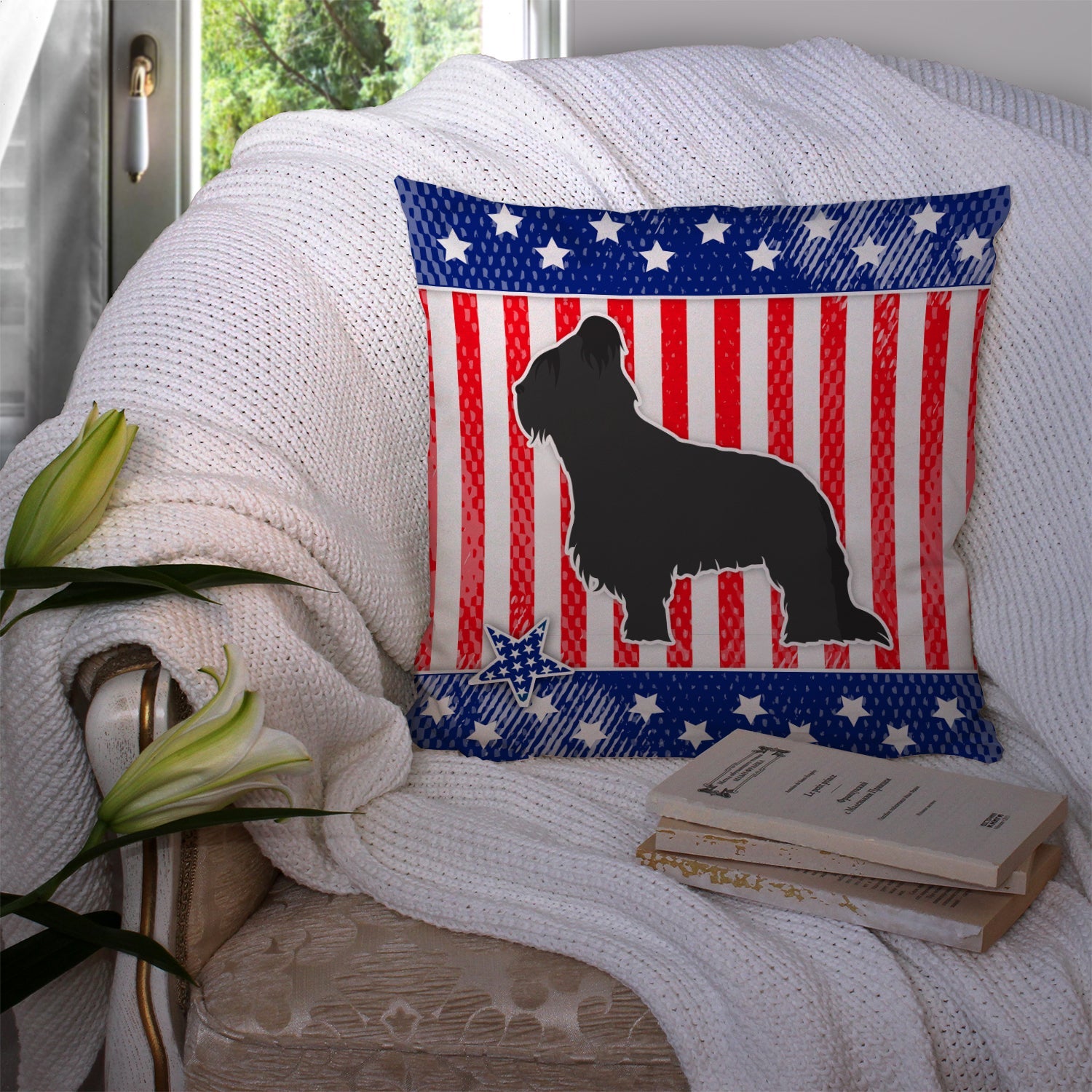 USA Patriotic Briard Decorative Throw Pillow 14x14 Indoor Outdoor Accent Cushion, Fabric Cover with Insert for Sofa, Bed, Porch & Living Room