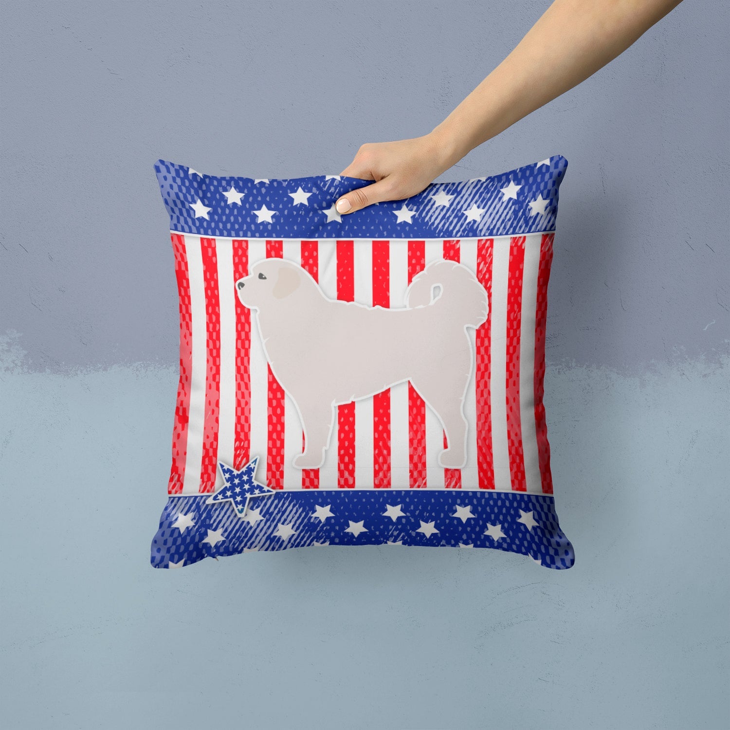 USA Patriotic Polish Tatra Sheepdog Decorative Throw Pillow 14x14 Indoor Outdoor Accent Cushion, Fabric Cover with Insert for Sofa, Bed, Porch & Living Room