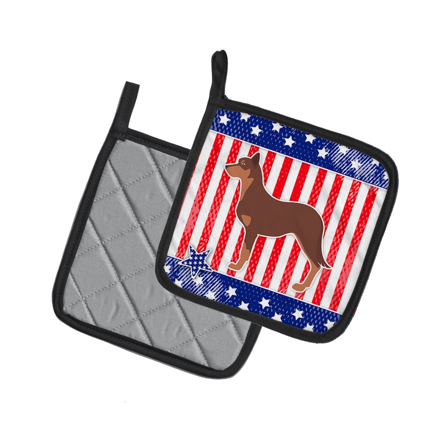 USA Patriotic Australian Kelpie Dog Pot Holder Set of 2 Heat Resistant Quilted Hot Pads 7.5 x 7.5 Inch, Insulated Kitchen Trivets for Cooking & Baking