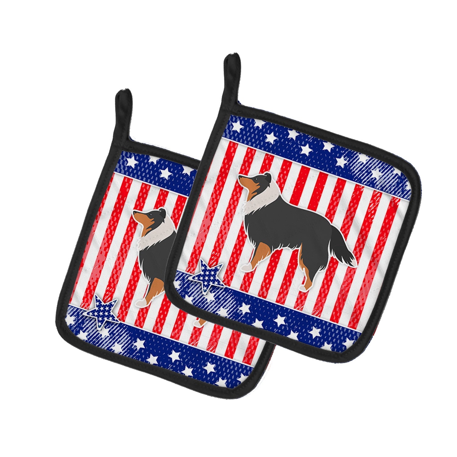 USA Patriotic Sheltie/Shetland Sheepdog Pot Holder Set of 2 Heat Resistant Quilted Hot Pads 7.5 x 7.5 Inch, Insulated Kitchen Trivets for Cooking & Baking