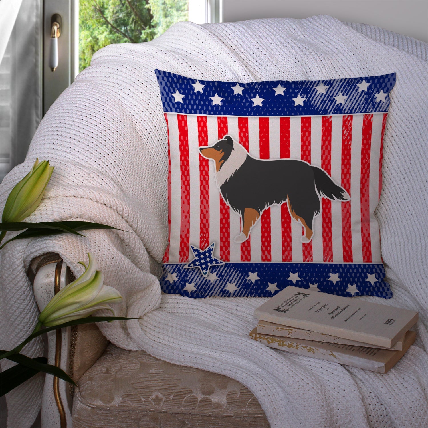 USA Patriotic Sheltie/Shetland Sheepdog Decorative Throw Pillow 14x14 Indoor Outdoor Accent Cushion, Fabric Cover with Insert for Sofa, Bed, Porch & Living Room
