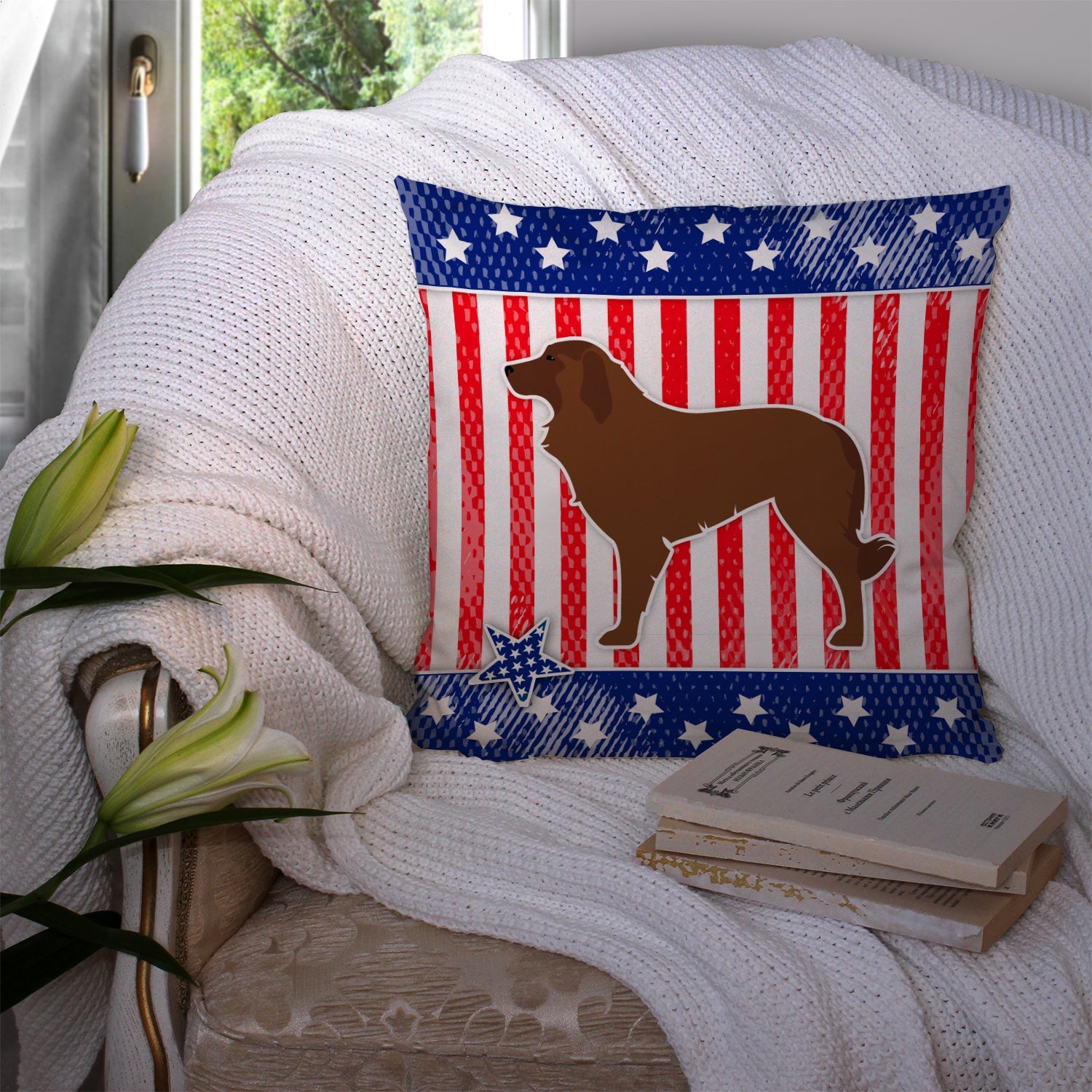 USA Patriotic Portuguese Sheepdog Dog Decorative Throw Pillow 14x14 Indoor Outdoor Accent Cushion, Fabric Cover with Insert for Sofa, Bed, Porch & Living Room