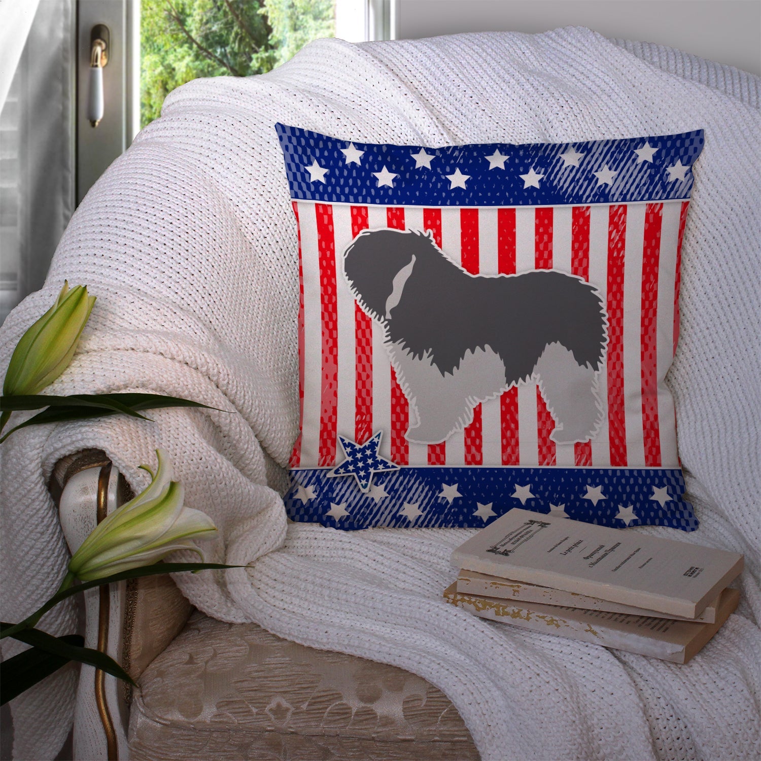 USA Patriotic Polish Lowland Sheepdog Dog Decorative Throw Pillow 14x14 Indoor Outdoor Accent Cushion, Fabric Cover with Insert for Sofa, Bed, Porch & Living Room
