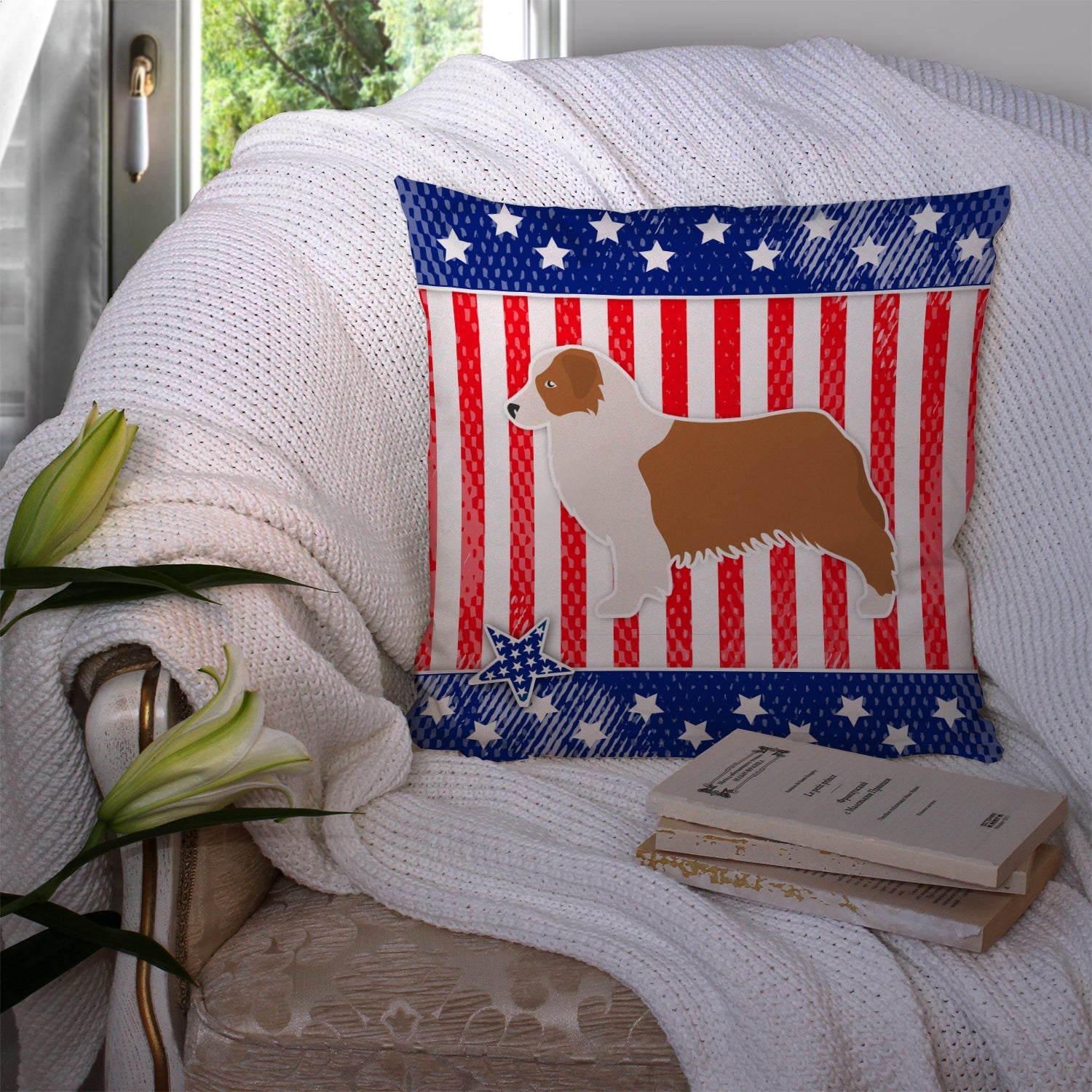 USA Patriotic Australian Shepherd Dog Decorative Throw Pillow 14x14 Indoor Outdoor Accent Cushion, Fabric Cover with Insert for Sofa, Bed, Porch & Living Room