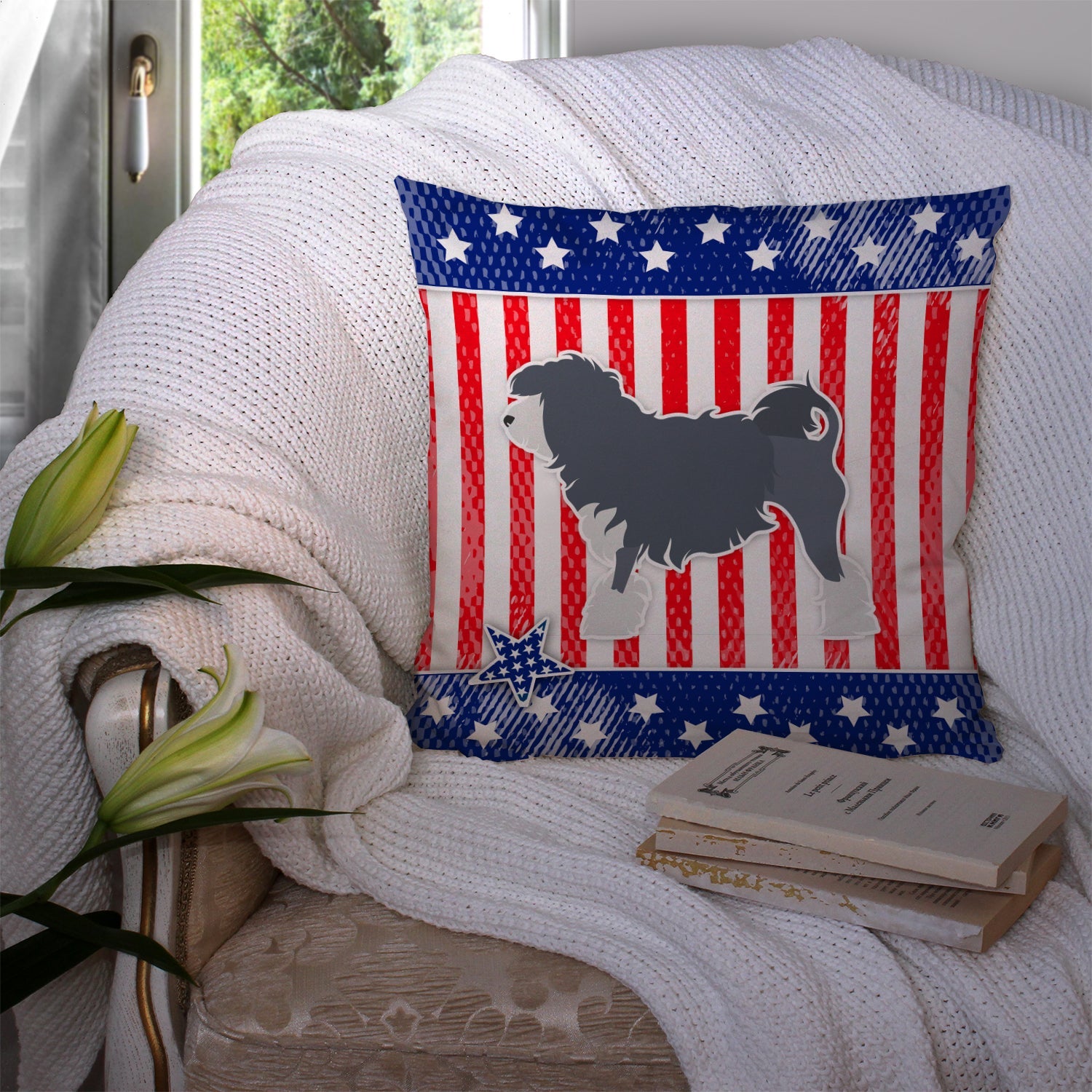 USA Patriotic Lowchen Decorative Throw Pillow 14x14 Indoor Outdoor Accent Cushion, Fabric Cover with Insert for Sofa, Bed, Porch & Living Room