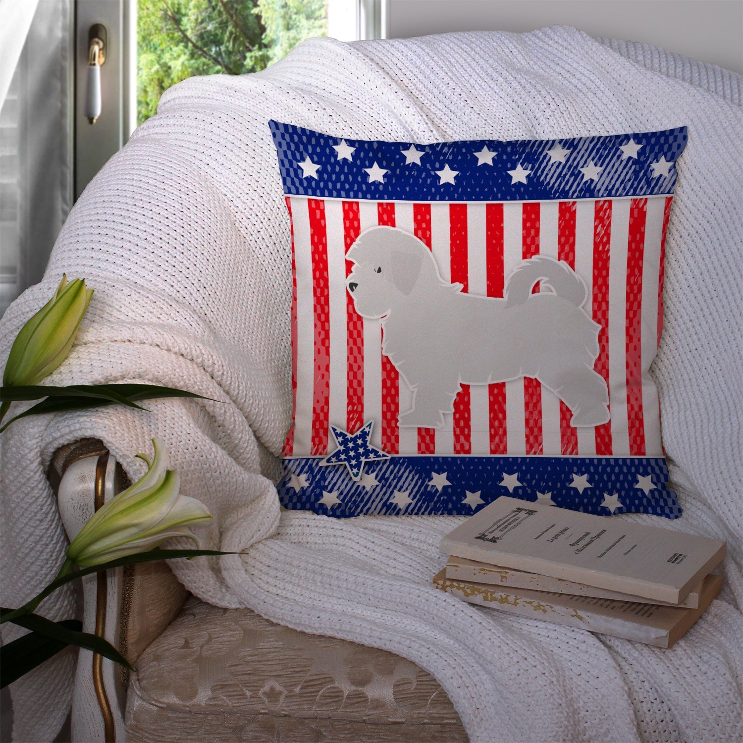 USA Patriotic Maltese Decorative Throw Pillow 14x14 Indoor Outdoor Accent Cushion, Fabric Cover with Insert for Sofa, Bed, Porch & Living Room