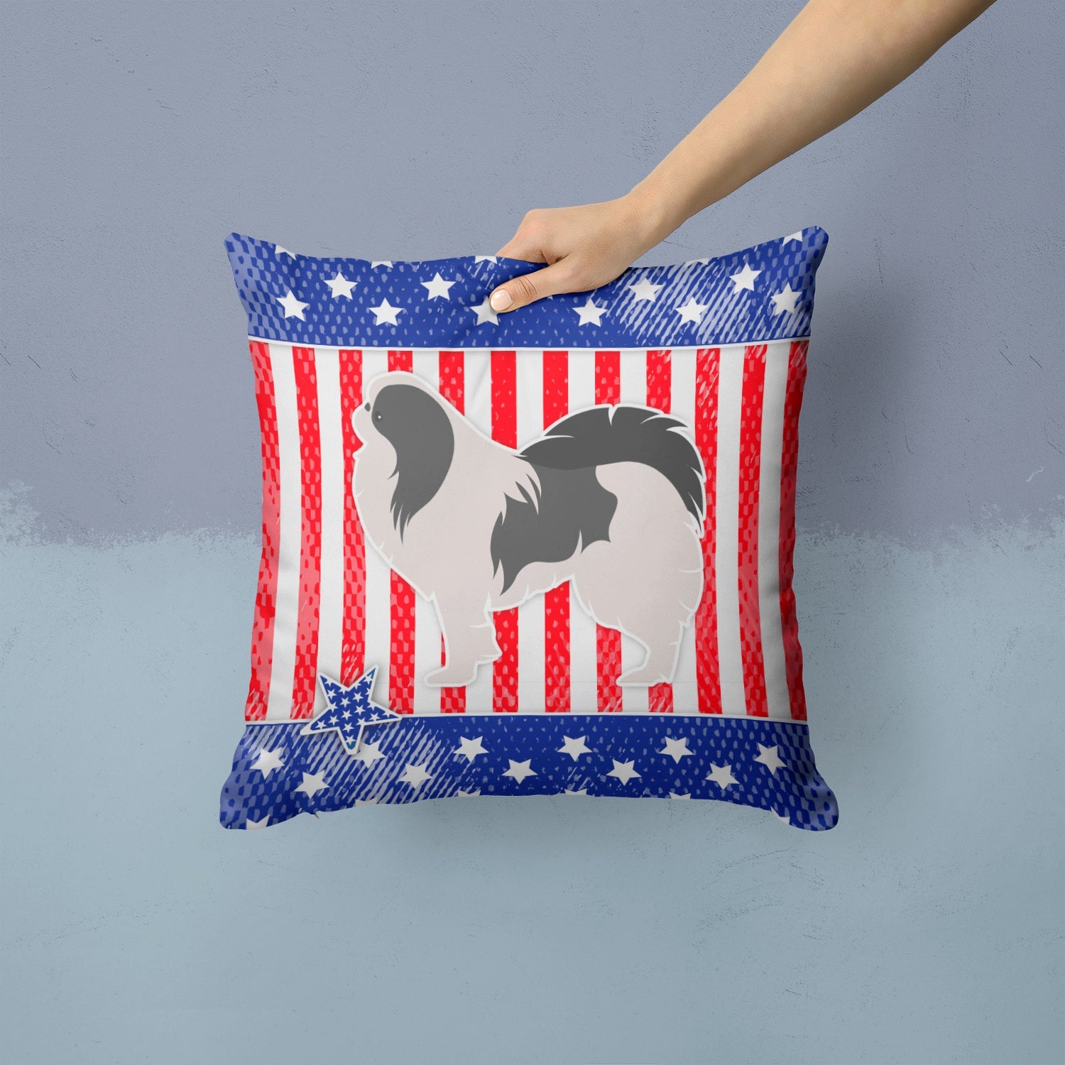 USA Patriotic Japanese Chin Decorative Throw Pillow 14x14 Indoor Outdoor Accent Cushion, Fabric Cover with Insert for Sofa, Bed, Porch & Living Room