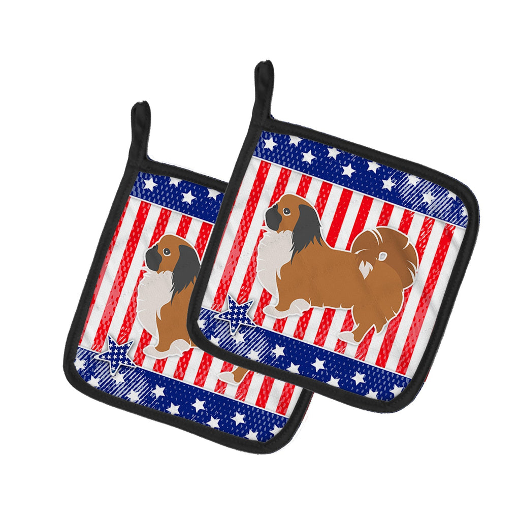 USA Patriotic Pekingese Pot Holder Set of 2 Heat Resistant Quilted Hot Pads 7.5 x 7.5 Inch, Insulated Kitchen Trivets for Cooking & Baking