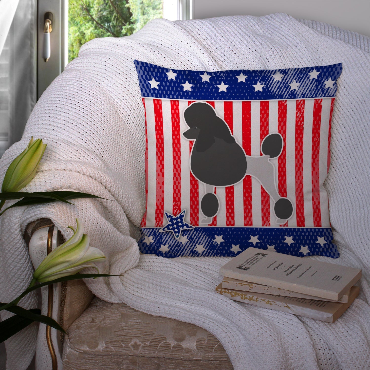 USA Patriotic Poodle Decorative Throw Pillow 14x14 Indoor Outdoor Accent Cushion, Fabric Cover with Insert for Sofa, Bed, Porch & Living Room