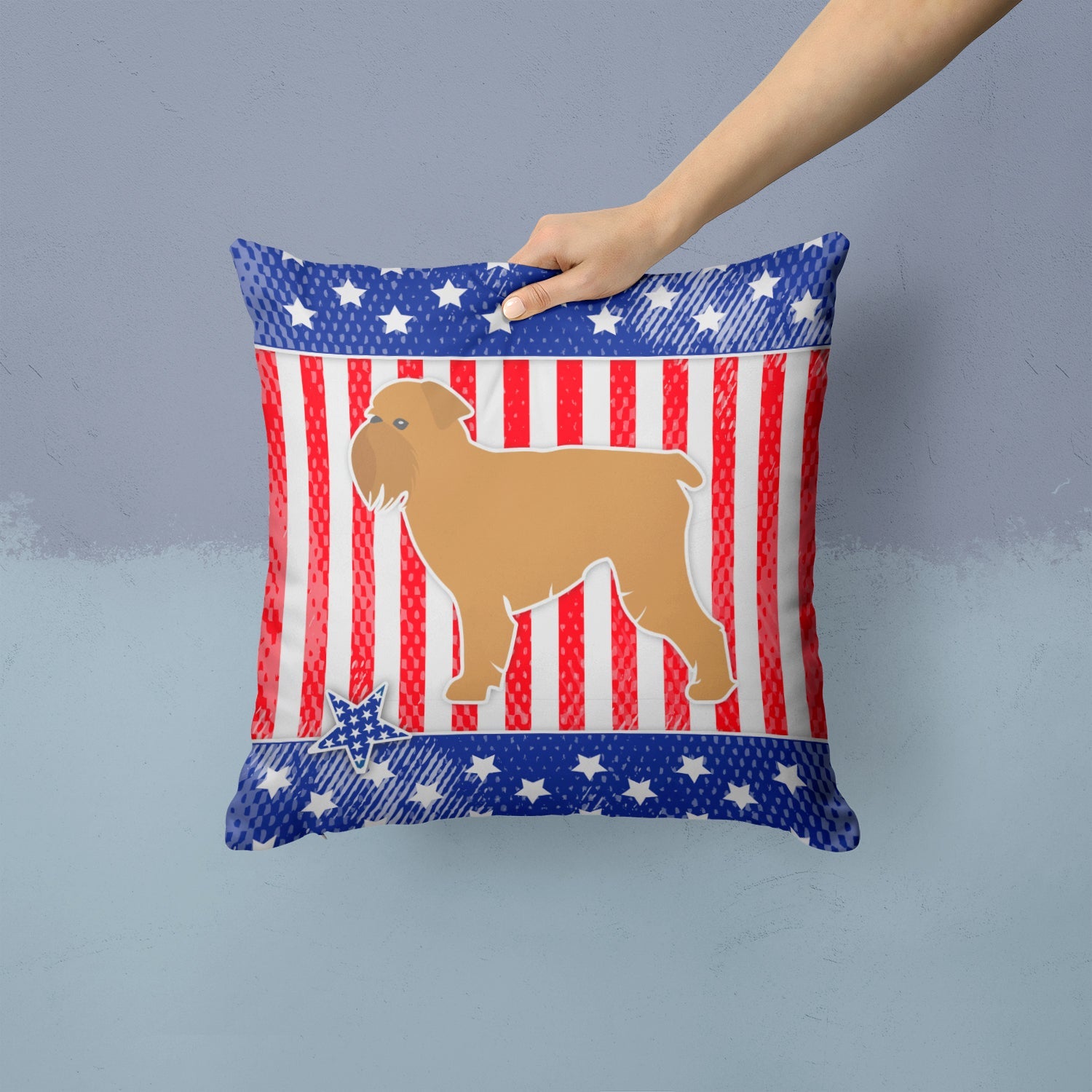 USA Patriotic Brussels Griffon Decorative Throw Pillow 14x14 Indoor Outdoor Accent Cushion, Fabric Cover with Insert for Sofa, Bed, Porch & Living Room