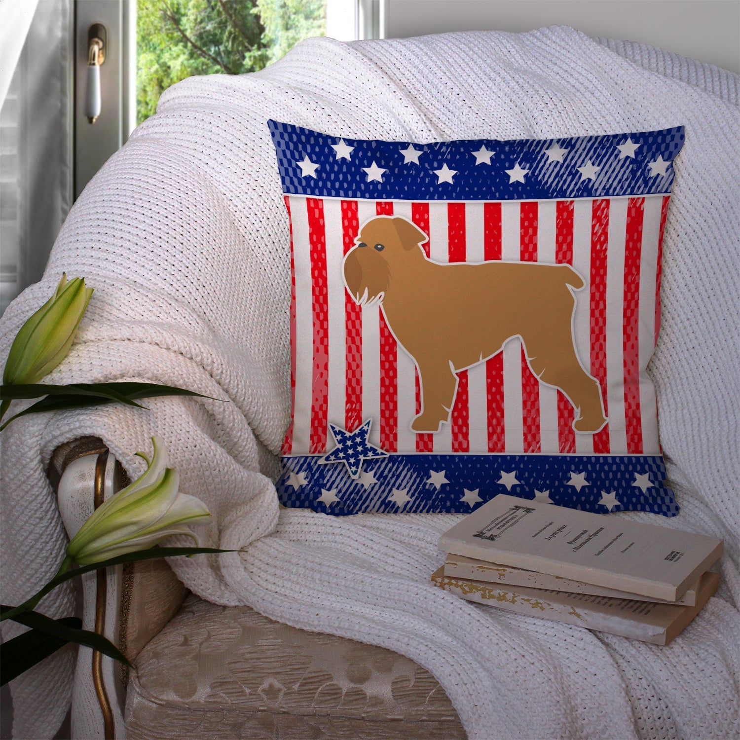 USA Patriotic Brussels Griffon Decorative Throw Pillow 14x14 Indoor Outdoor Accent Cushion, Fabric Cover with Insert for Sofa, Bed, Porch & Living Room