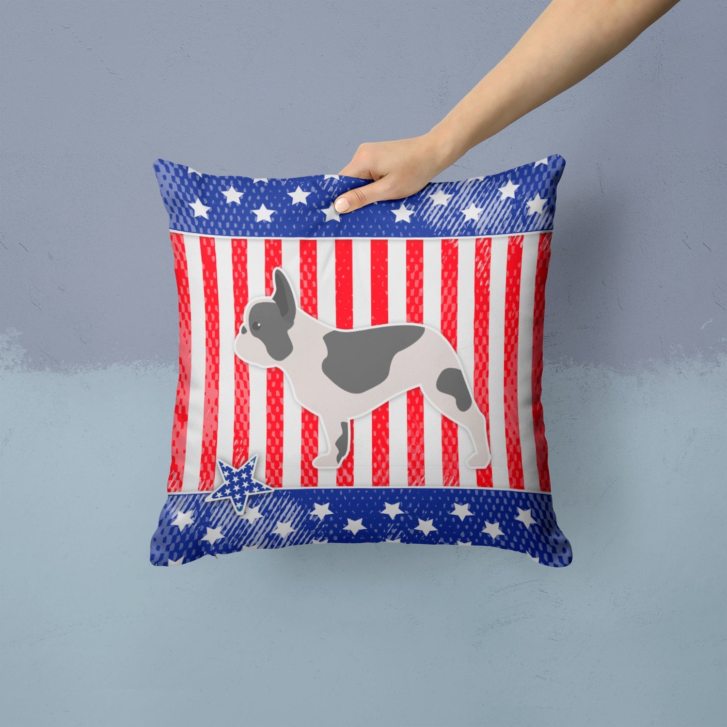 USA Patriotic French Bulldog Decorative Throw Pillow 14x14 Indoor Outdoor Accent Cushion, Fabric Cover with Insert for Sofa, Bed, Porch & Living Room