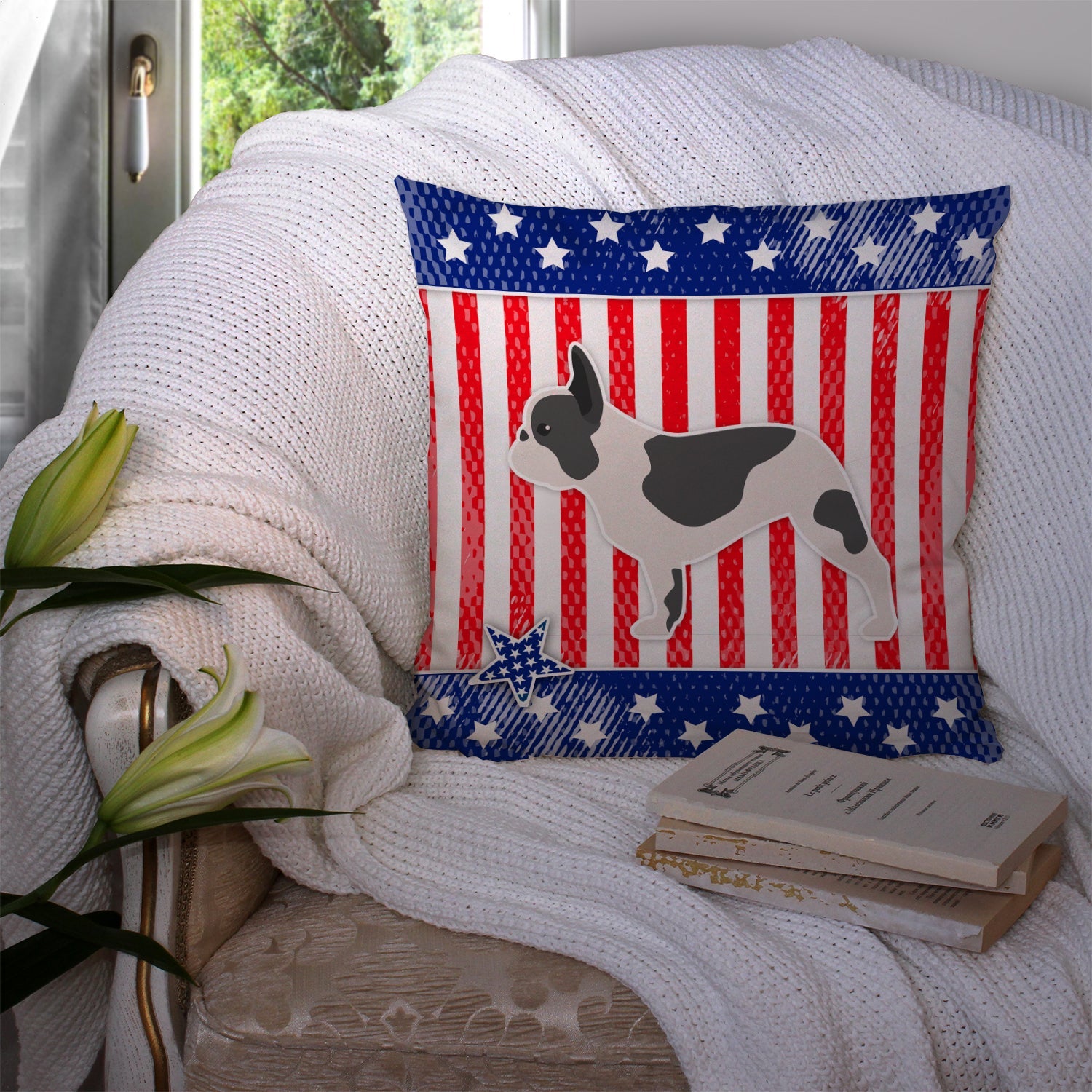 USA Patriotic French Bulldog Decorative Throw Pillow 14x14 Indoor Outdoor Accent Cushion, Fabric Cover with Insert for Sofa, Bed, Porch & Living Room