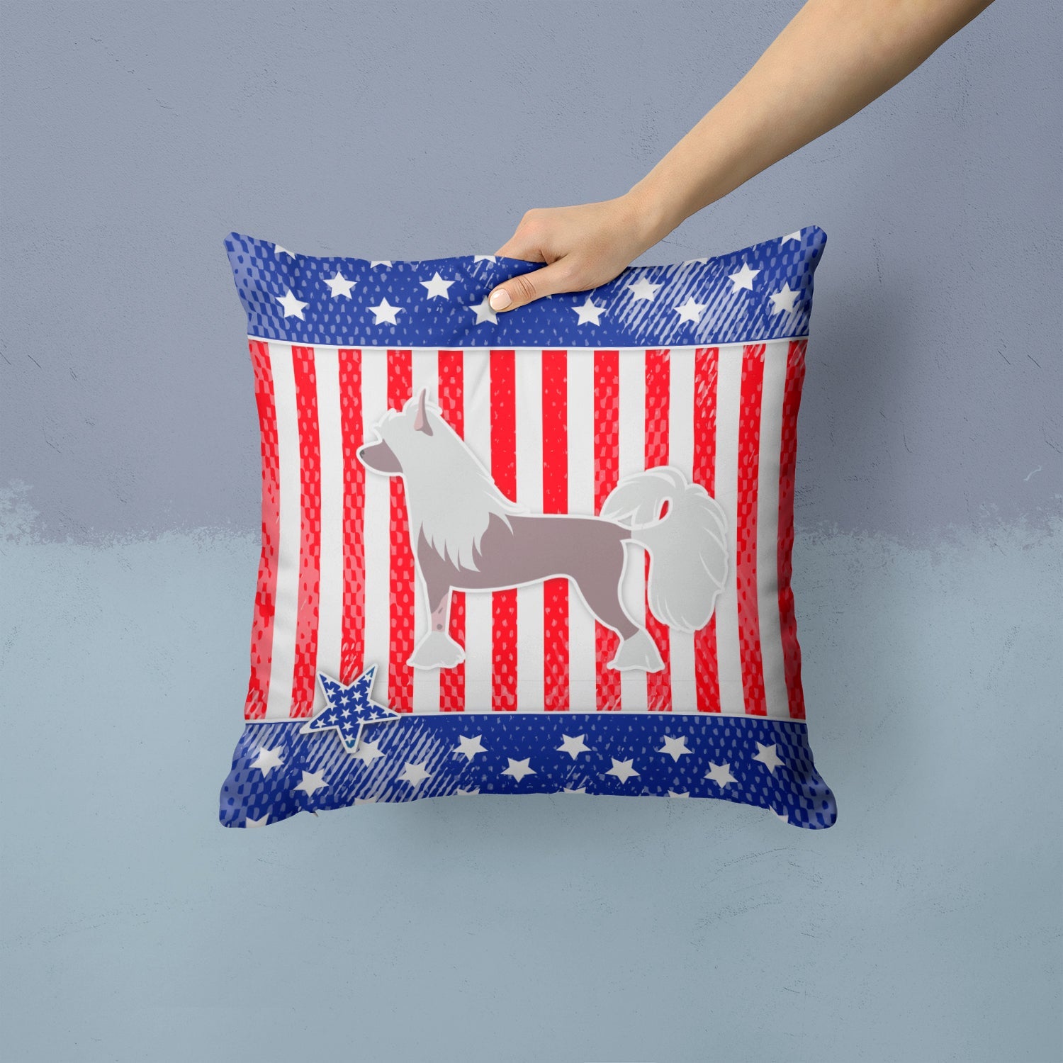 USA Patriotic Chinese Crested Decorative Throw Pillow 14x14 Indoor Outdoor Accent Cushion, Fabric Cover with Insert for Sofa, Bed, Porch & Living Room