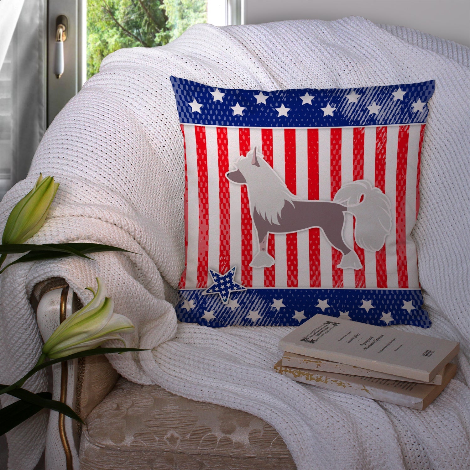 USA Patriotic Chinese Crested Decorative Throw Pillow 14x14 Indoor Outdoor Accent Cushion, Fabric Cover with Insert for Sofa, Bed, Porch & Living Room