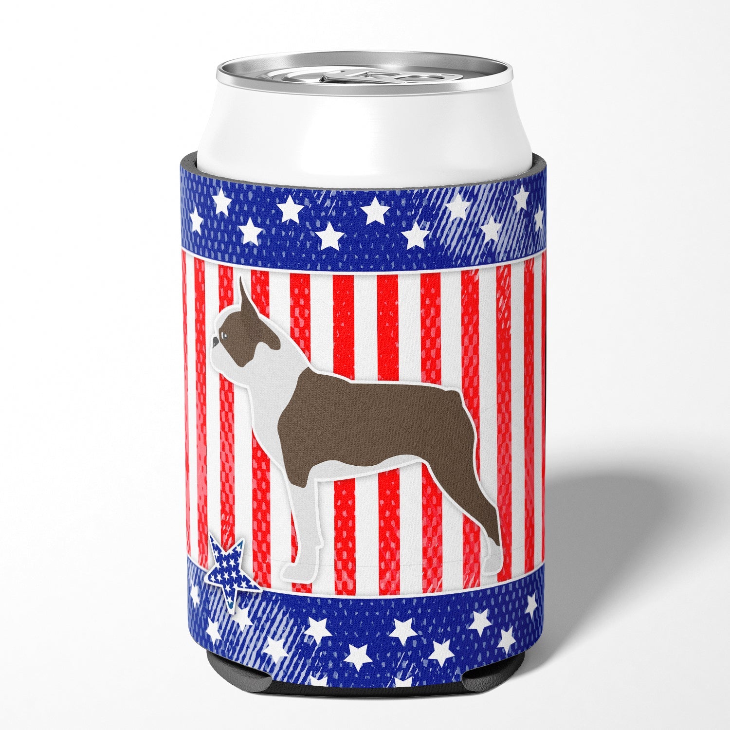 USA Patriotic Boston Terrier Can or Bottle Hugger Cooler Sleeve for Standard 12 oz Cans, Insulated Foam Beer & Soda Can Hugger Reusable