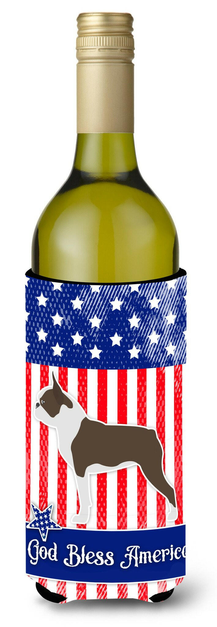 USA Patriotic Boston Terrier Wine Bottle Hugger Gift Sleeve for Standard 750 ml Bottles, Insulated Reusable Also Fits Mini Shot & Pint Bottles