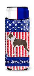 USA Patriotic Boston Terrier Slim Can Hugger , Insulated Foam Hugger for 12 oz Slim Cans, Beer Bottles & Water Bottles, Printed in USA