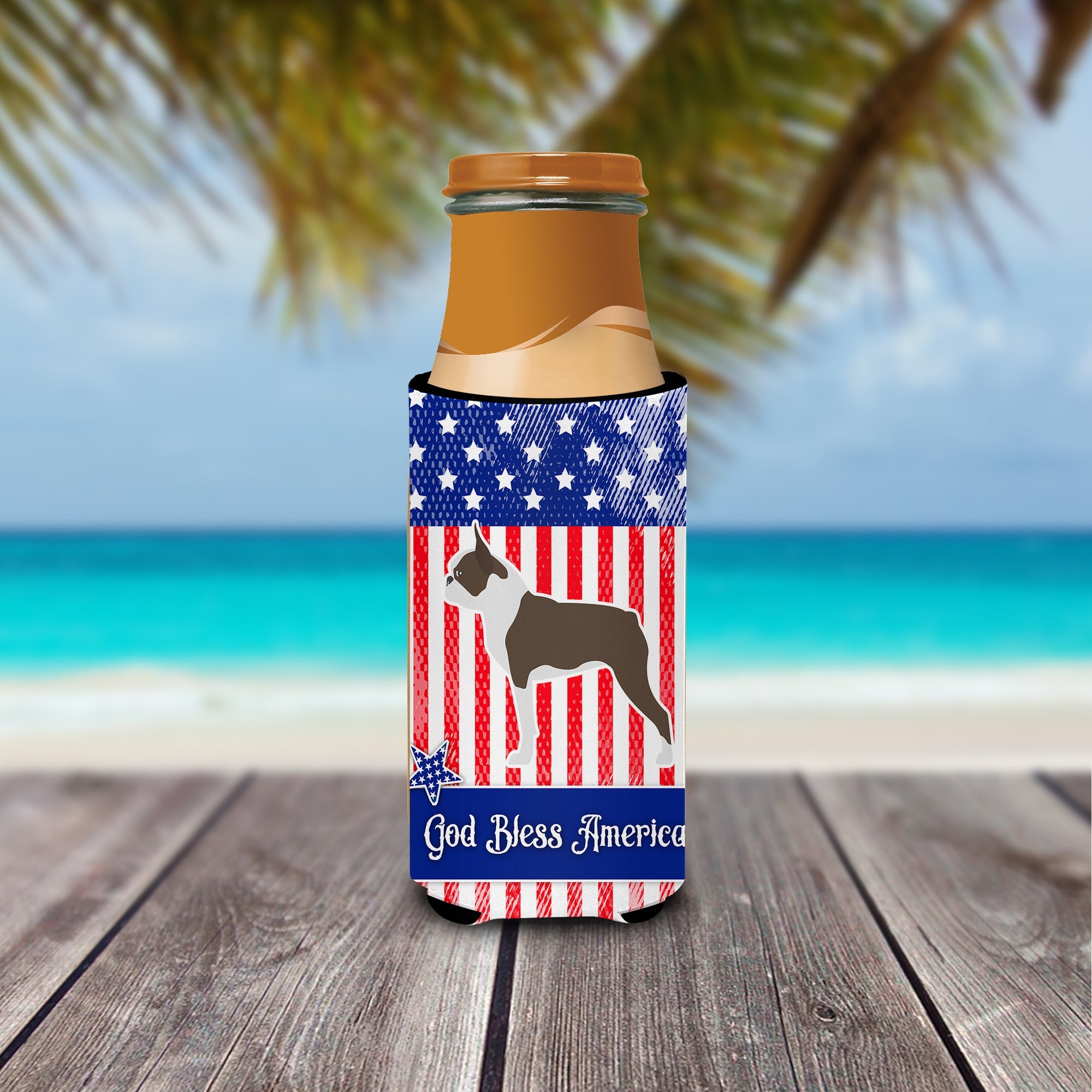 USA Patriotic Boston Terrier Slim Can Hugger , Insulated Foam Hugger for 12 oz Slim Cans, Beer Bottles & Water Bottles, Printed in USA