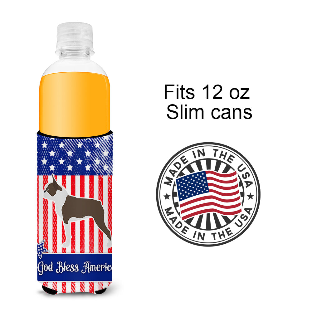 USA Patriotic Boston Terrier Slim Can Hugger , Insulated Foam Hugger for 12 oz Slim Cans, Beer Bottles & Water Bottles, Printed in USA
