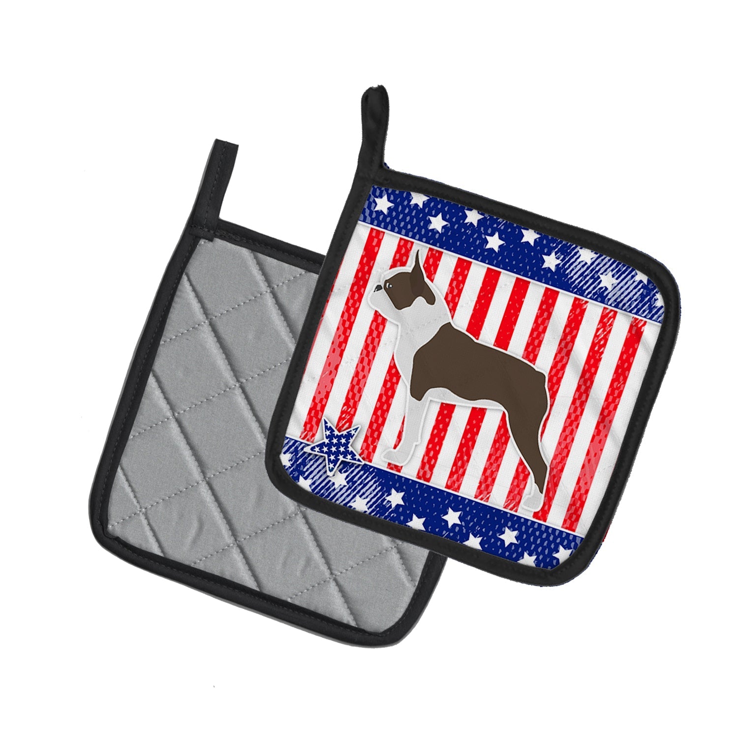 USA Patriotic Boston Terrier Pot Holder Set of 2 Heat Resistant Quilted Hot Pads 7.5 x 7.5 Inch, Insulated Kitchen Trivets for Cooking & Baking