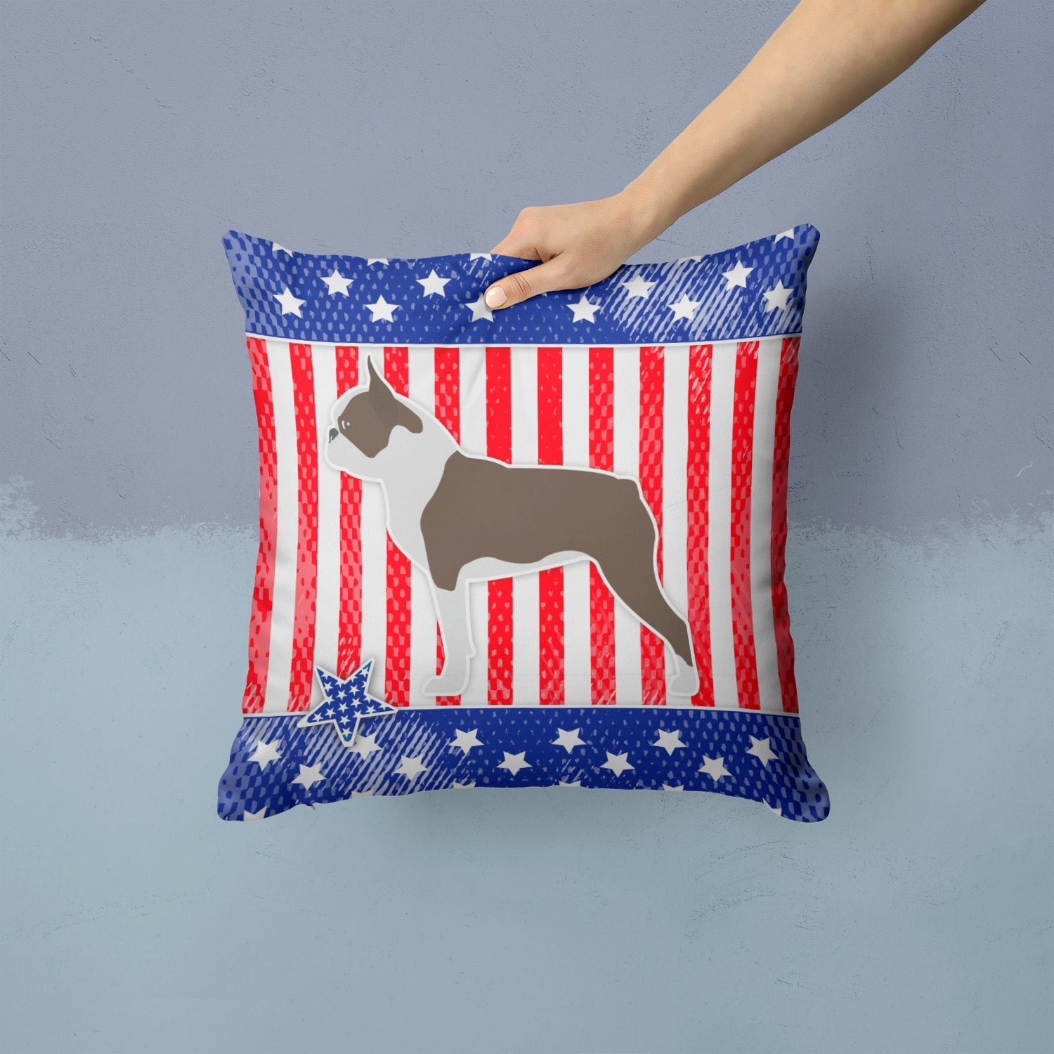 USA Patriotic Boston Terrier Decorative Throw Pillow 14x14 Indoor Outdoor Accent Cushion, Fabric Cover with Insert for Sofa, Bed, Porch & Living Room