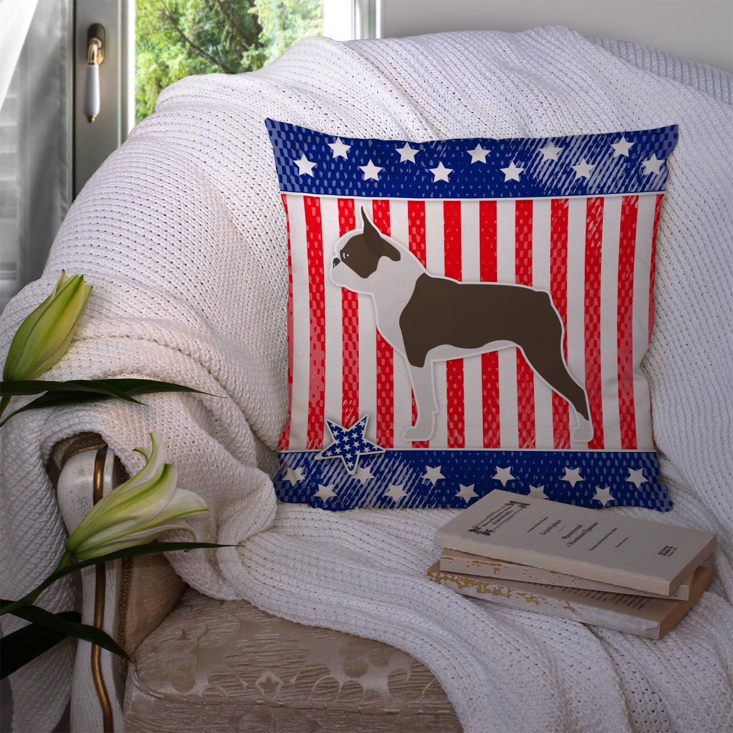USA Patriotic Boston Terrier Decorative Throw Pillow 14x14 Indoor Outdoor Accent Cushion, Fabric Cover with Insert for Sofa, Bed, Porch & Living Room