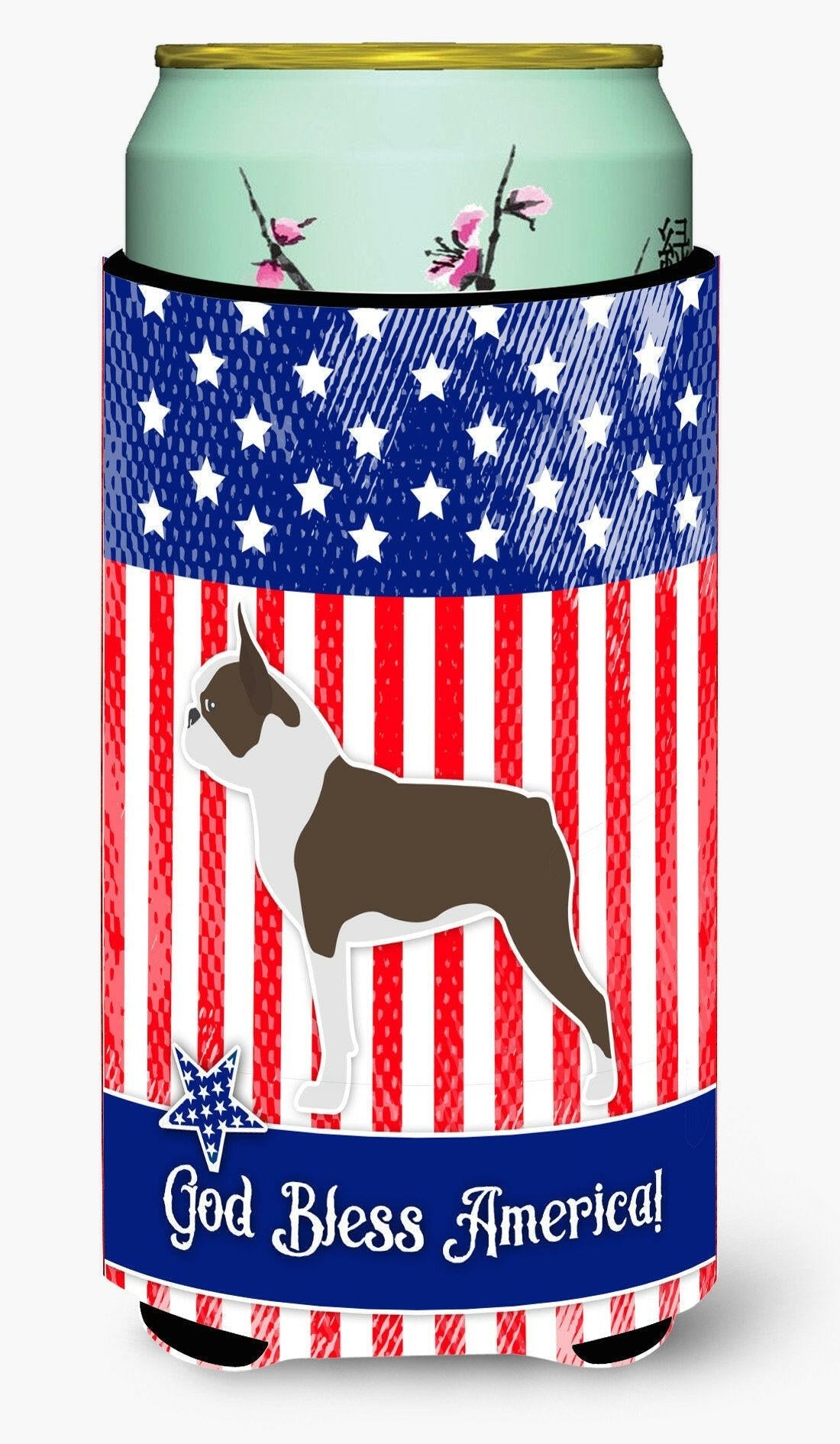 USA Patriotic Boston Terrier Tall Boy Hugger Can Cooler Sleeve Machine Washable Drink Collapsible Insulator Beverage Insulated Holder